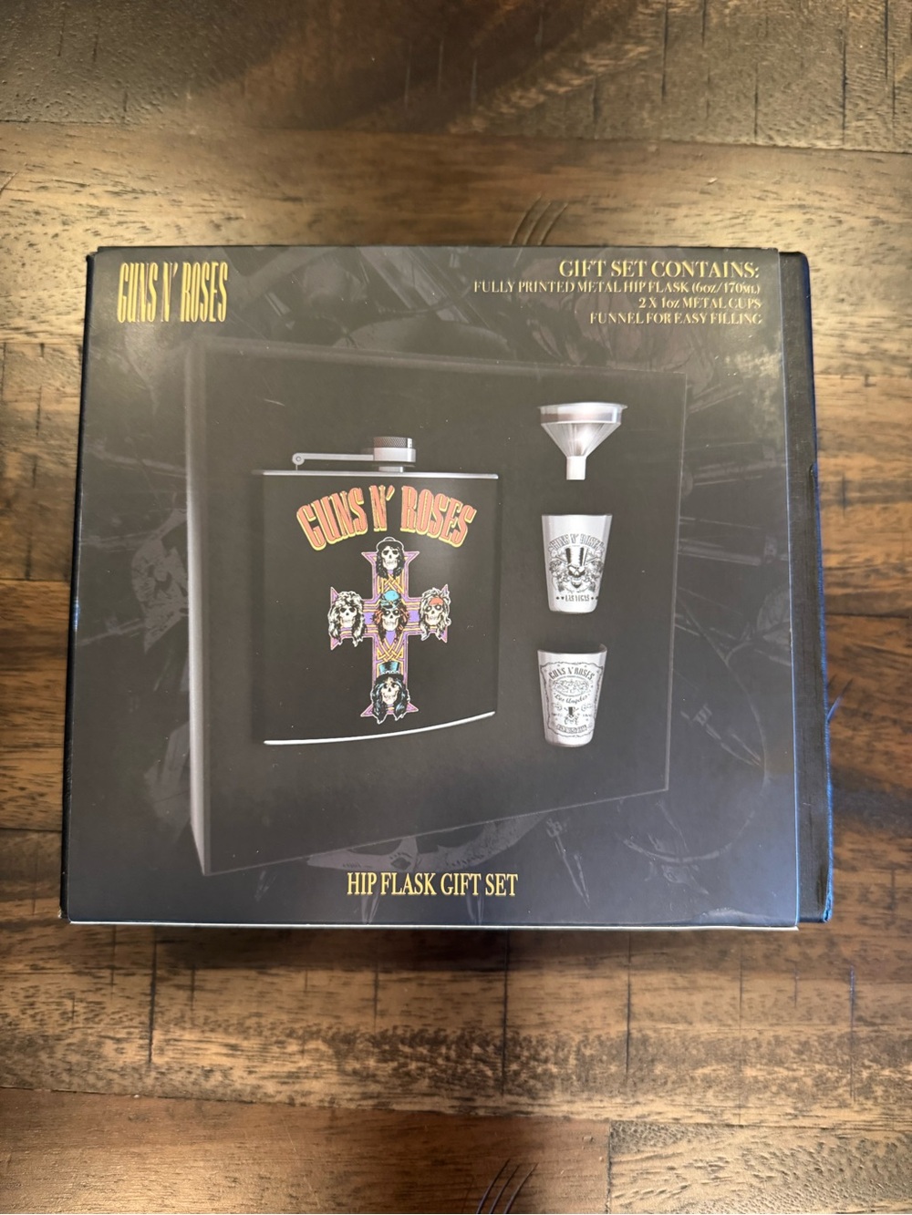 Guns n Roses Black Hip Flask Gift Set with Funnel and Metal Cups